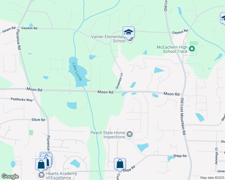 map of restaurants, bars, coffee shops, grocery stores, and more near 4840 Moon Road in Powder Springs