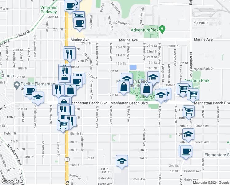 map of restaurants, bars, coffee shops, grocery stores, and more near 1417 12th Street in Manhattan Beach
