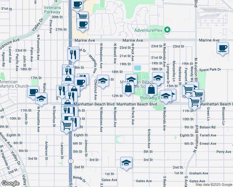map of restaurants, bars, coffee shops, grocery stores, and more near in Manhattan Beach