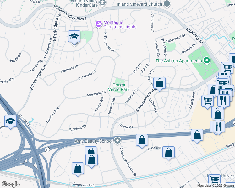 map of restaurants, bars, coffee shops, grocery stores, and more near 637 Brianna Way in Corona