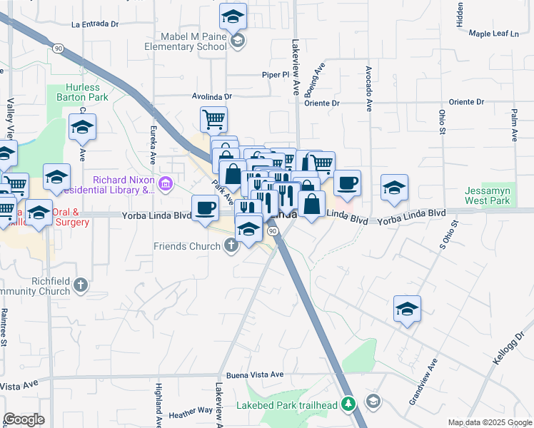 map of restaurants, bars, coffee shops, grocery stores, and more near 3750 Forest Glen Road in Yorba Linda