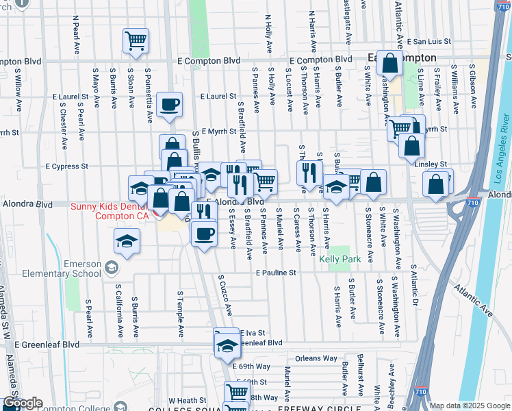 map of restaurants, bars, coffee shops, grocery stores, and more near 3723 East Elizabeth Street in Compton