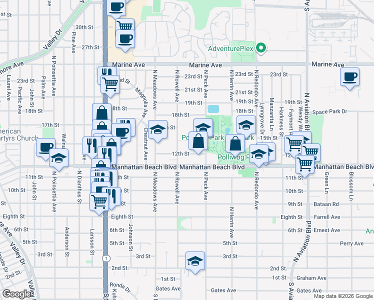 map of restaurants, bars, coffee shops, grocery stores, and more near 1421 12th Street in Manhattan Beach