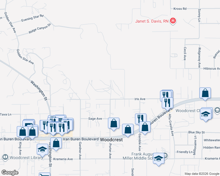 map of restaurants, bars, coffee shops, grocery stores, and more near 17500-17644 Iris Avenue in Riverside