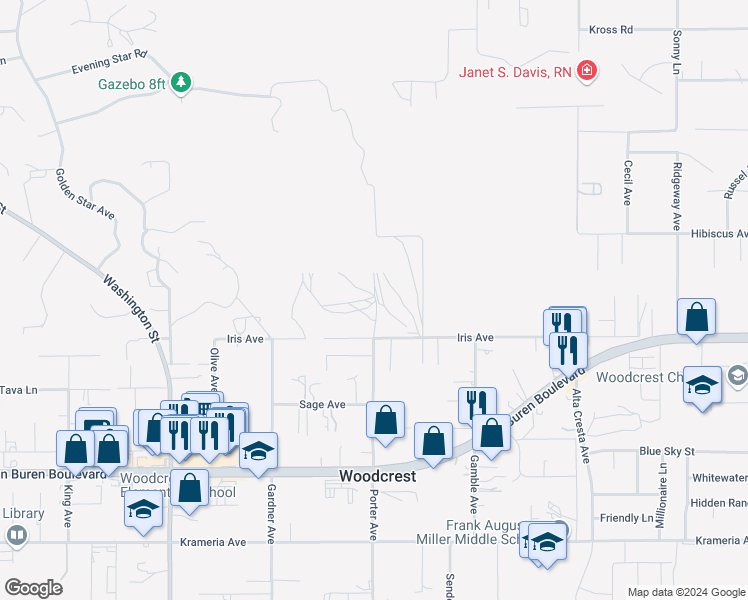 map of restaurants, bars, coffee shops, grocery stores, and more near Iris Avenue in Riverside