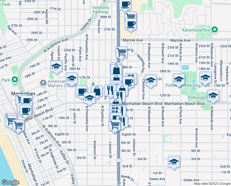 map of restaurants, bars, coffee shops, grocery stores, and more near 1203 North Sepulveda Boulevard in Manhattan Beach