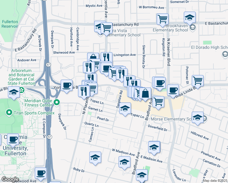 map of restaurants, bars, coffee shops, grocery stores, and more near 3124 Yorba Linda Boulevard in Fullerton