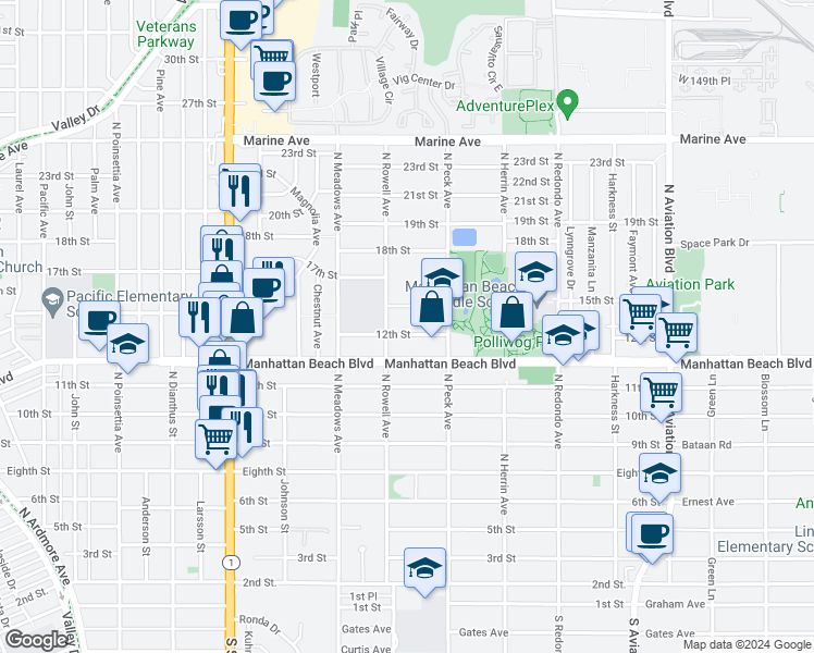 map of restaurants, bars, coffee shops, grocery stores, and more near 1421 12th Street in Manhattan Beach