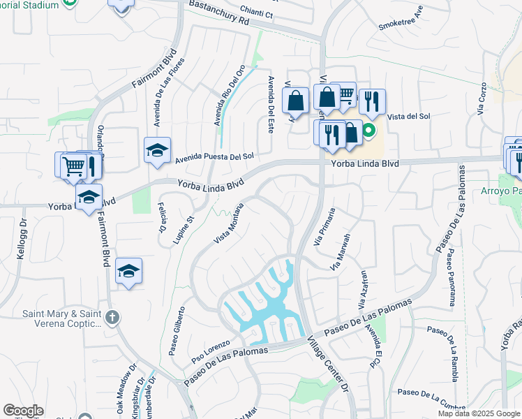 map of restaurants, bars, coffee shops, grocery stores, and more near 20361 Vía Juana in Yorba Linda