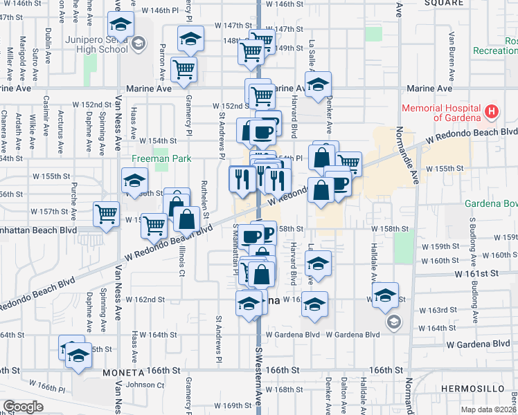 map of restaurants, bars, coffee shops, grocery stores, and more near in Gardena