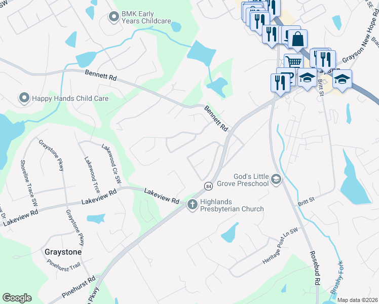 map of restaurants, bars, coffee shops, grocery stores, and more near 1040 Windsor Place Circle Southwest in Grayson