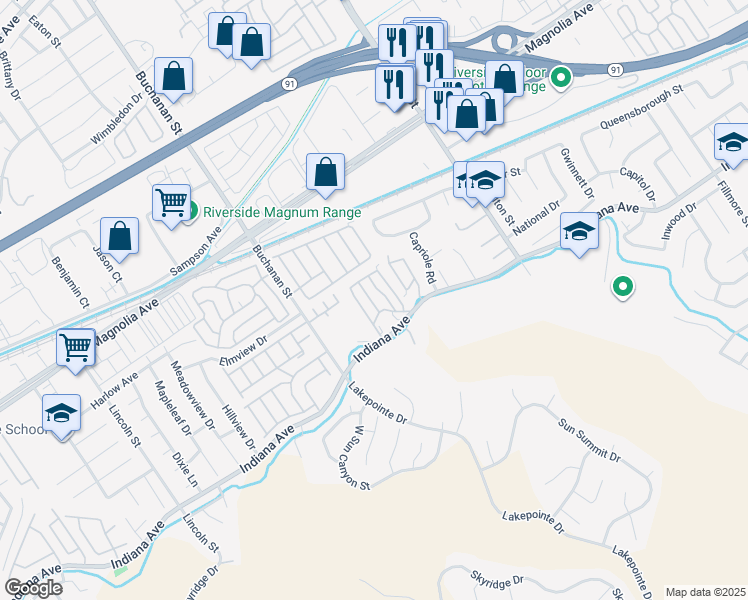 map of restaurants, bars, coffee shops, grocery stores, and more near 12149 Indiana Avenue in Riverside