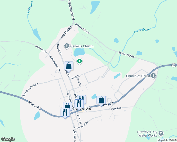 map of restaurants, bars, coffee shops, grocery stores, and more near 415 Wall Street in Crawford