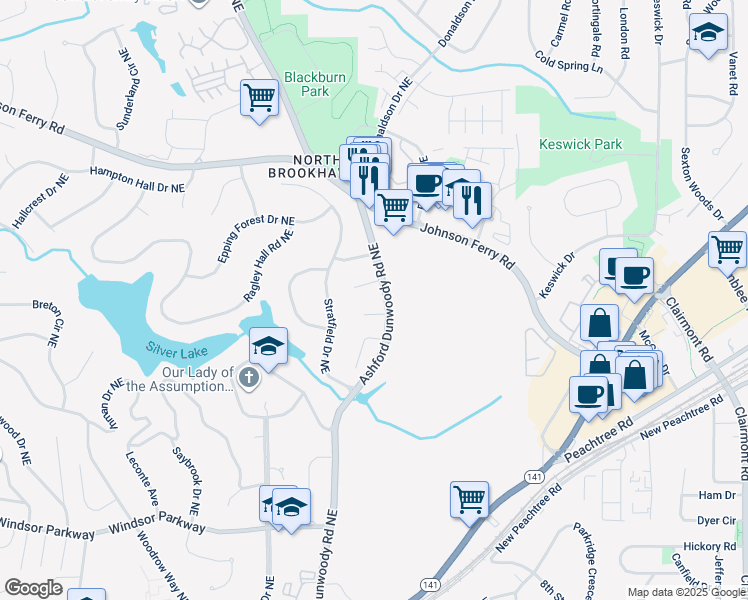 map of restaurants, bars, coffee shops, grocery stores, and more near 3368 Ashford Dunwoody Road Northeast in Atlanta