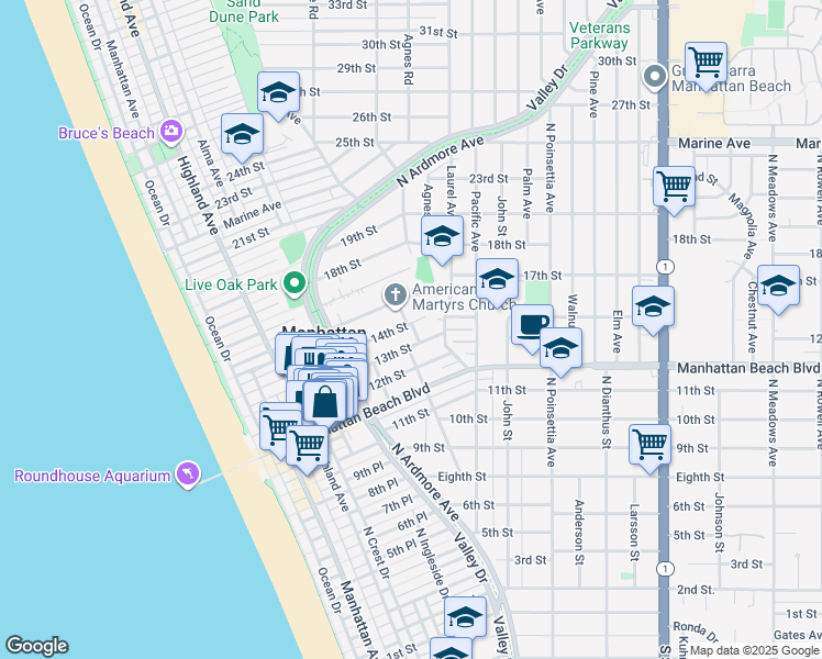 map of restaurants, bars, coffee shops, grocery stores, and more near 1315 Church Street in Manhattan Beach