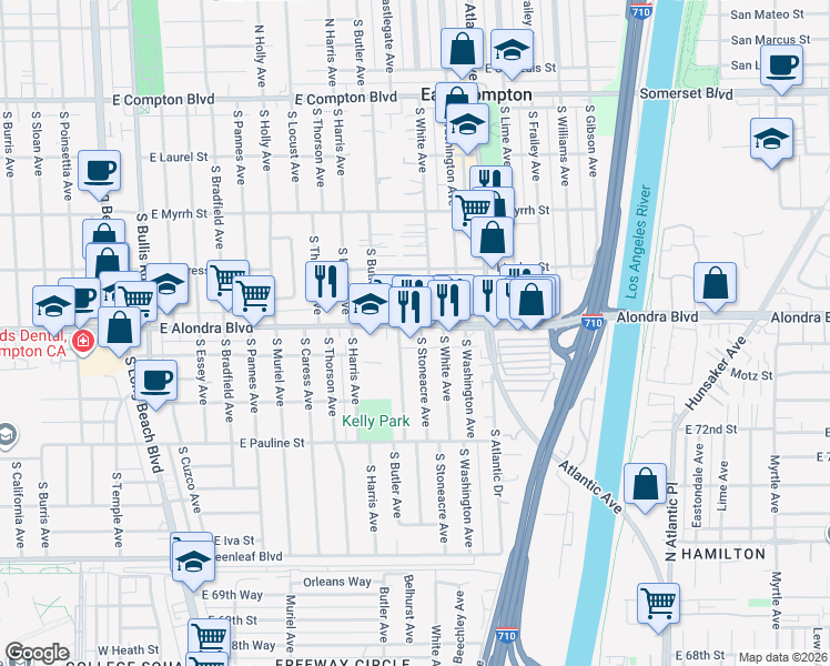 map of restaurants, bars, coffee shops, grocery stores, and more near 2500 East Alondra Boulevard in Compton