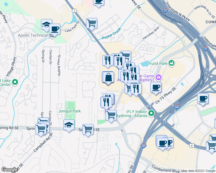 map of restaurants, bars, coffee shops, grocery stores, and more near 2540 Cumberland Boulevard Southeast in Smyrna