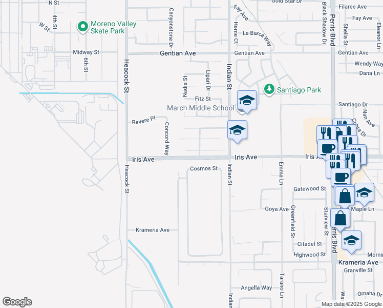 map of restaurants, bars, coffee shops, grocery stores, and more near 24341 Carman Lane in Moreno Valley