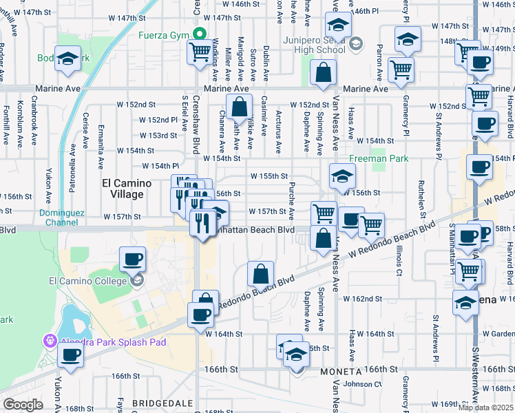 map of restaurants, bars, coffee shops, grocery stores, and more near 2630 West 157th Street in Gardena