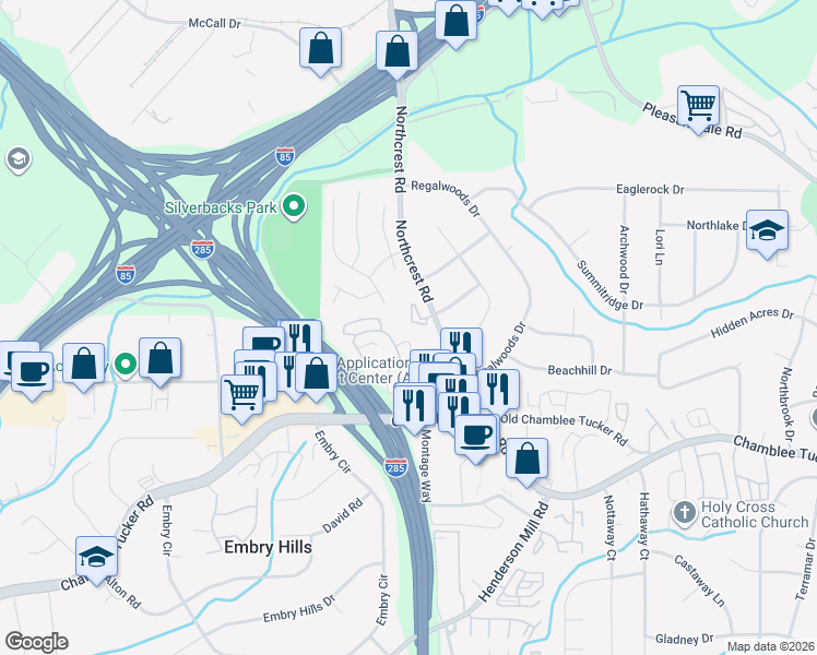 map of restaurants, bars, coffee shops, grocery stores, and more near 3335 Stonecrest Court in Atlanta