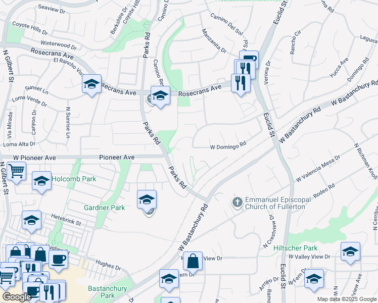 map of restaurants, bars, coffee shops, grocery stores, and more near 1444 West Dove Lane in Fullerton