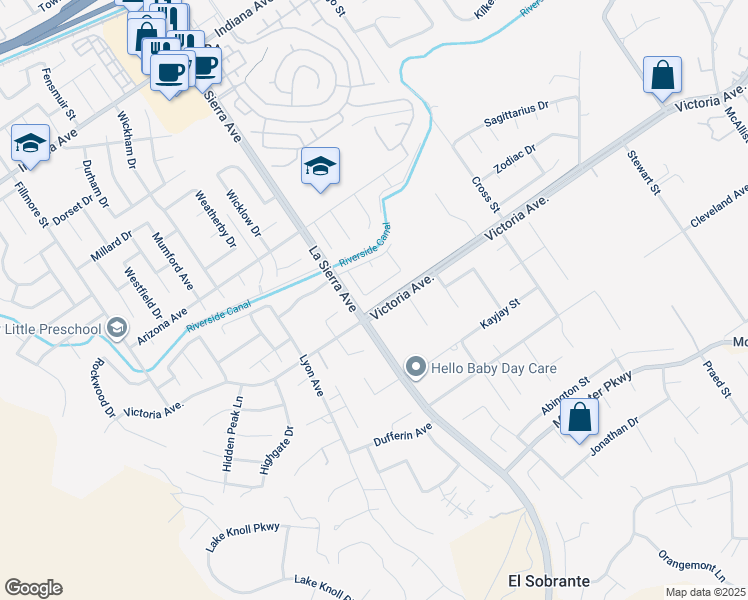 map of restaurants, bars, coffee shops, grocery stores, and more near 10992 Stonehenge Place in Riverside