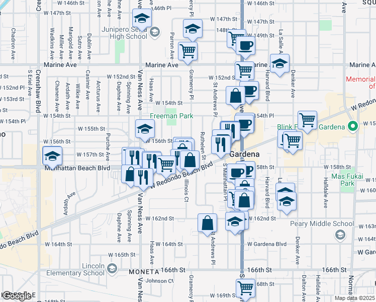 map of restaurants, bars, coffee shops, grocery stores, and more near 15619 Gramercy Place in Gardena