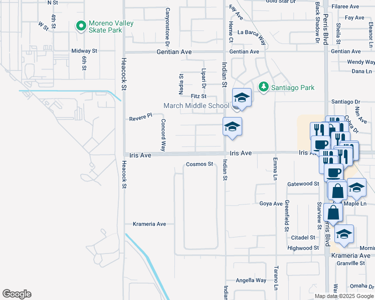 map of restaurants, bars, coffee shops, grocery stores, and more near 24341 Carman Lane in Moreno Valley