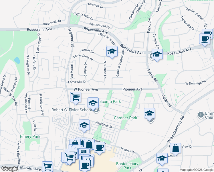 map of restaurants, bars, coffee shops, grocery stores, and more near 2009 West Las Lanas Lane in Fullerton