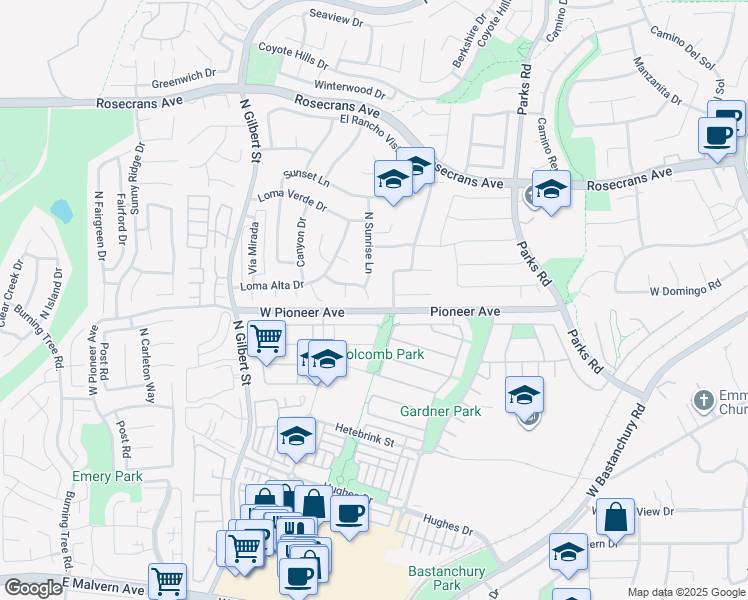 map of restaurants, bars, coffee shops, grocery stores, and more near 2009 West Las Lanas Lane in Fullerton