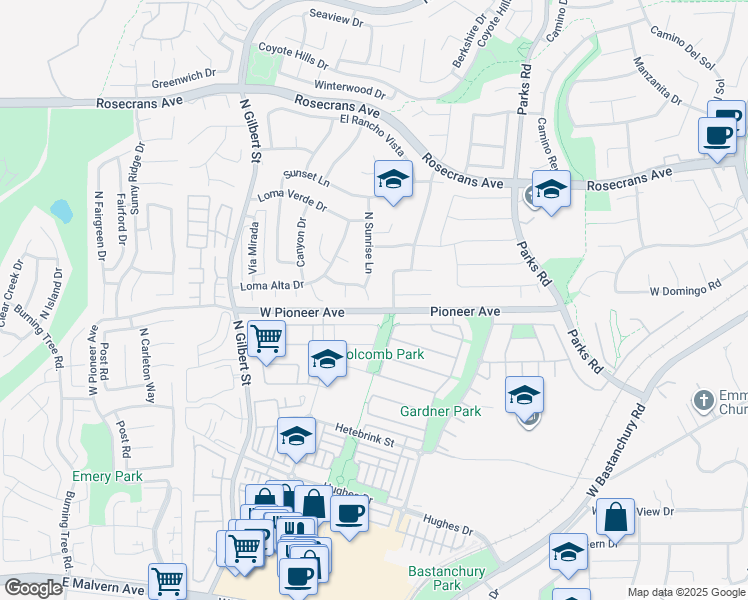 map of restaurants, bars, coffee shops, grocery stores, and more near 2009 West Las Lanas Lane in Fullerton