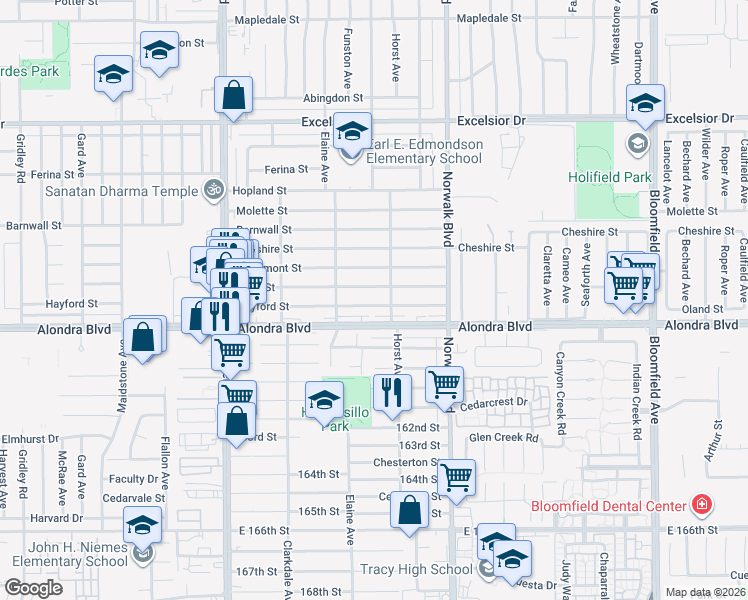map of restaurants, bars, coffee shops, grocery stores, and more near 12065 Alondra Boulevard in Norwalk