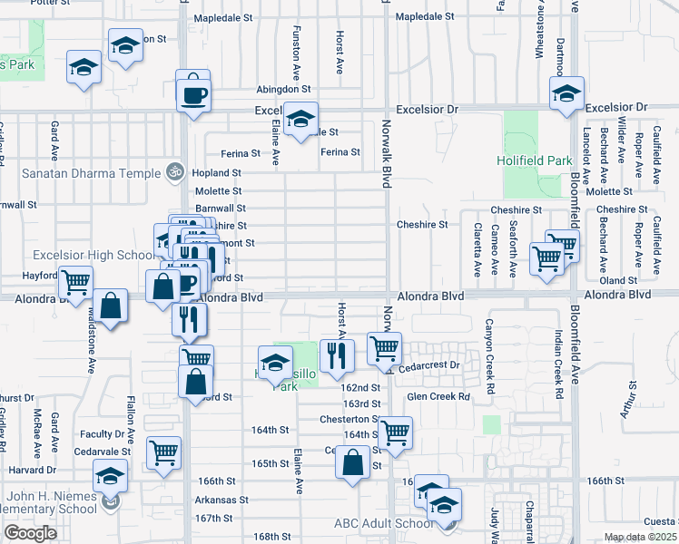 map of restaurants, bars, coffee shops, grocery stores, and more near 12065 Alondra Boulevard in Norwalk