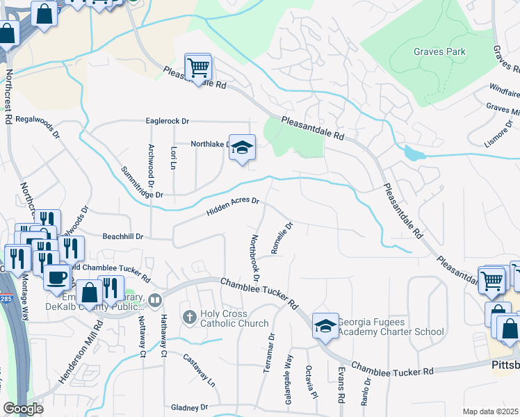 map of restaurants, bars, coffee shops, grocery stores, and more near 3362 Northbrook Drive in Atlanta