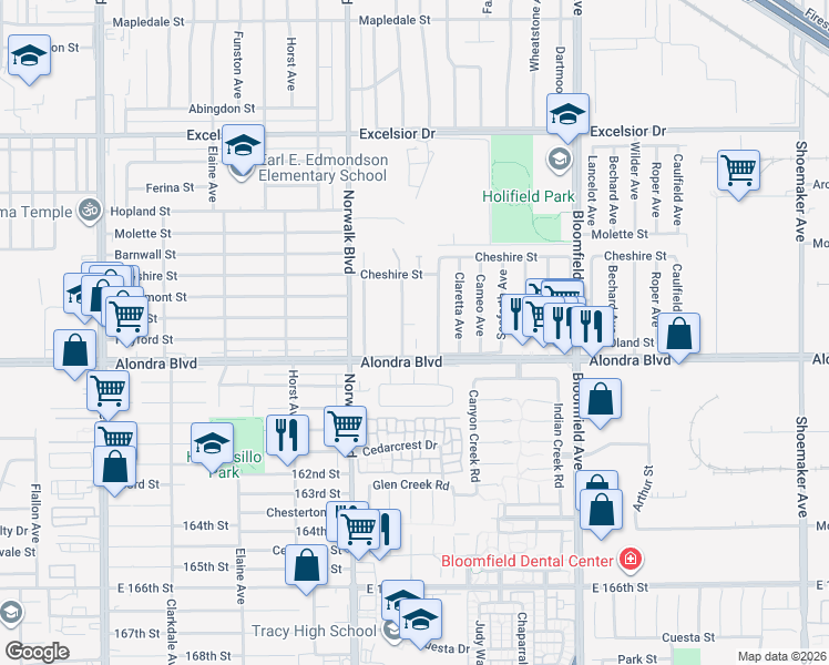 map of restaurants, bars, coffee shops, grocery stores, and more near 15700 Belshire Avenue in Norwalk