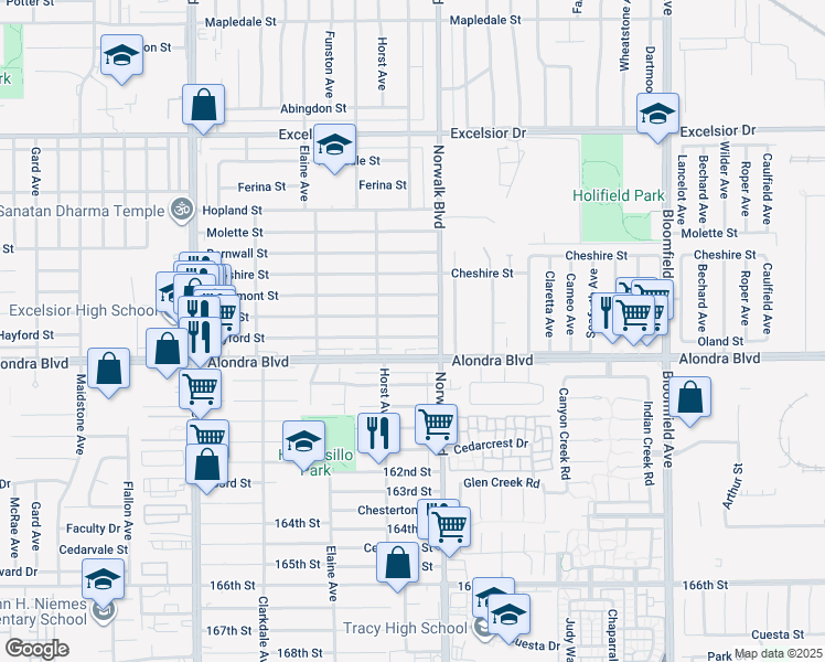 map of restaurants, bars, coffee shops, grocery stores, and more near 12137 Alondra Boulevard in Norwalk