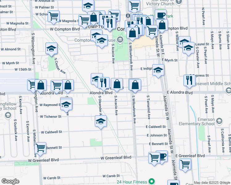 map of restaurants, bars, coffee shops, grocery stores, and more near West Alondra Boulevard & South Acacia Avenue in Compton