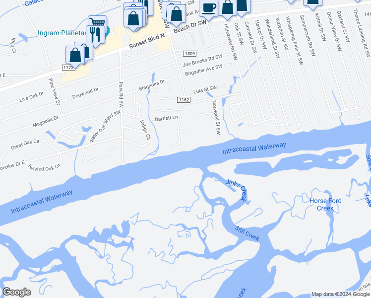 map of restaurants, bars, coffee shops, grocery stores, and more near 7265 Seashell Lane Southwest in Ocean Isle Beach
