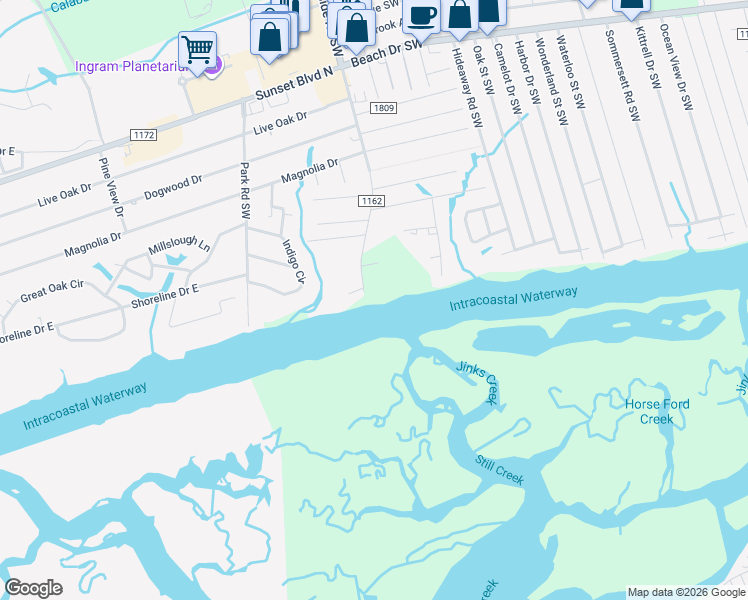 map of restaurants, bars, coffee shops, grocery stores, and more near 1901 Seaside Rd SW in Ocean Isle Beach