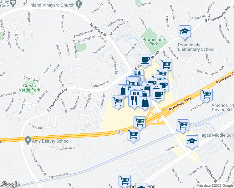 map of restaurants, bars, coffee shops, grocery stores, and more near 2090 Highpointe Drive in Corona