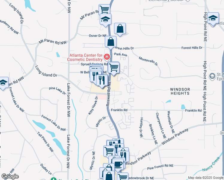 map of restaurants, bars, coffee shops, grocery stores, and more near 4883 Roswell Road Northeast in Atlanta