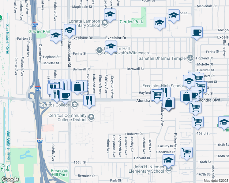 map of restaurants, bars, coffee shops, grocery stores, and more near 15638 Graystone Avenue in Norwalk