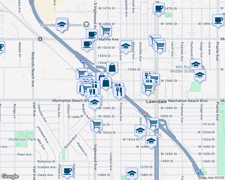 map of restaurants, bars, coffee shops, grocery stores, and more near 15724 Condon Avenue in Lawndale