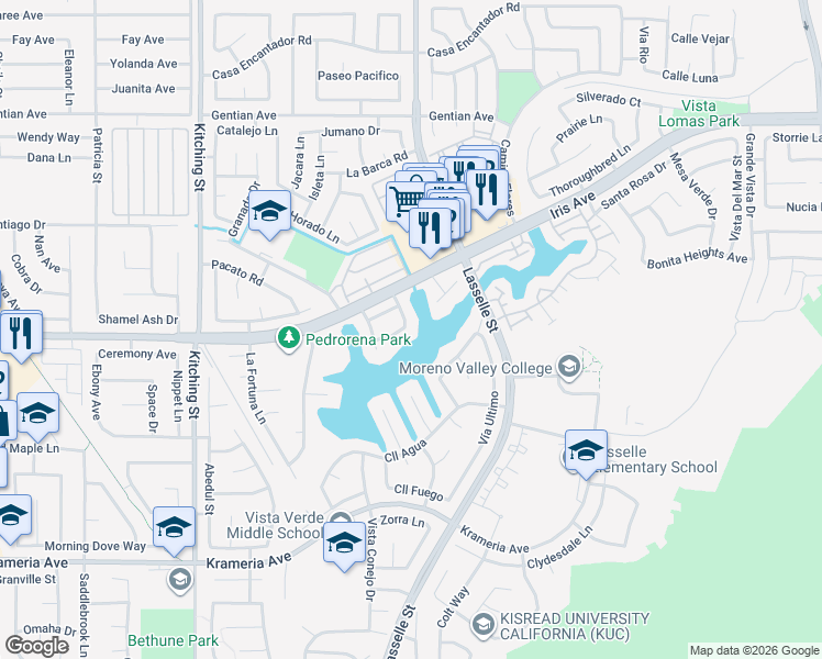 map of restaurants, bars, coffee shops, grocery stores, and more near 16081 Palomino Lane in Moreno Valley