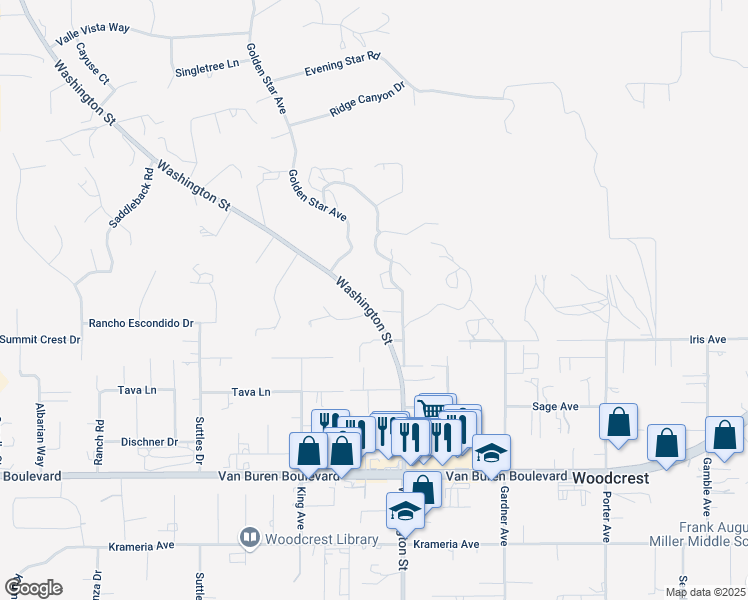map of restaurants, bars, coffee shops, grocery stores, and more near 15960 Washington Street in Riverside