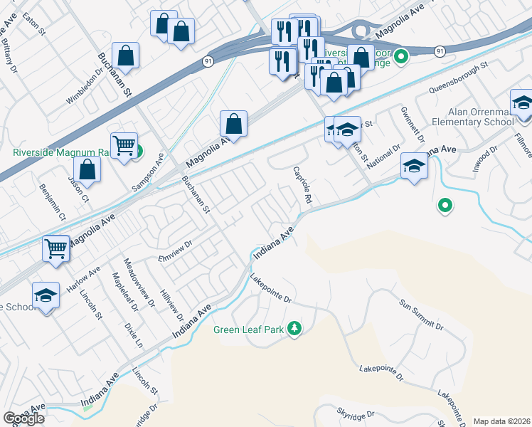 map of restaurants, bars, coffee shops, grocery stores, and more near 12149 Indiana Avenue in Riverside
