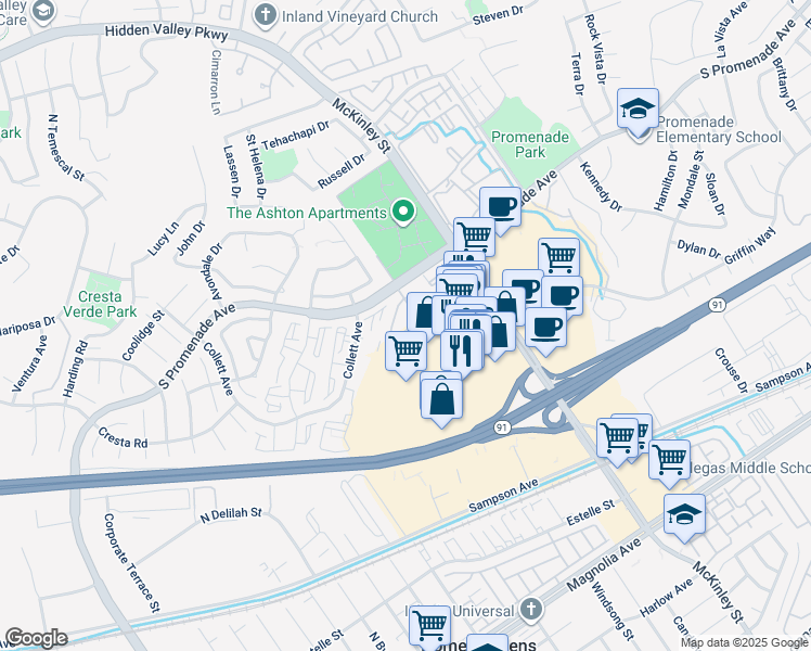 map of restaurants, bars, coffee shops, grocery stores, and more near 470 McKinley Street in Corona