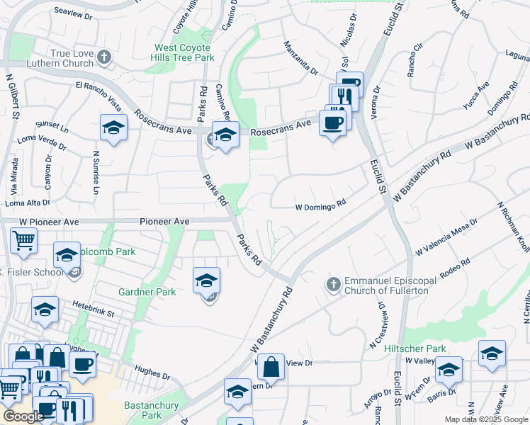 map of restaurants, bars, coffee shops, grocery stores, and more near 1444 West Dove Lane in Fullerton