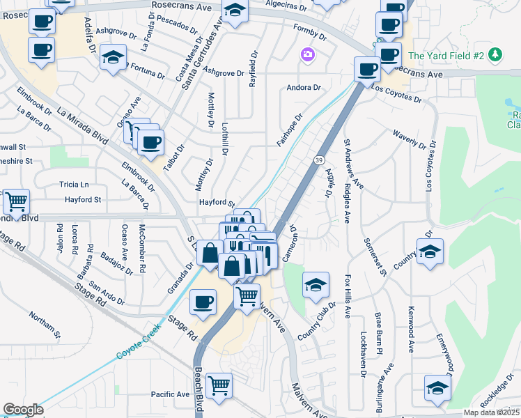 map of restaurants, bars, coffee shops, grocery stores, and more near 20 Dallas Street in Buena Park