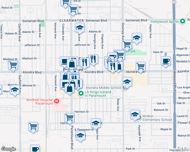 map of restaurants, bars, coffee shops, grocery stores, and more near 15937 Georgia Avenue in Paramount